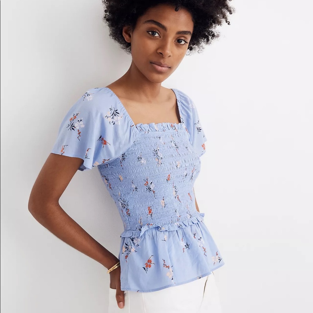 Madewell Smocked Flutter Sleeve Top—XL